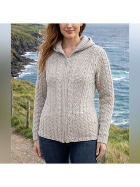 Aran Irish Merino Wool Beige Full Zip Hoodie Cable Knit Sweater size small